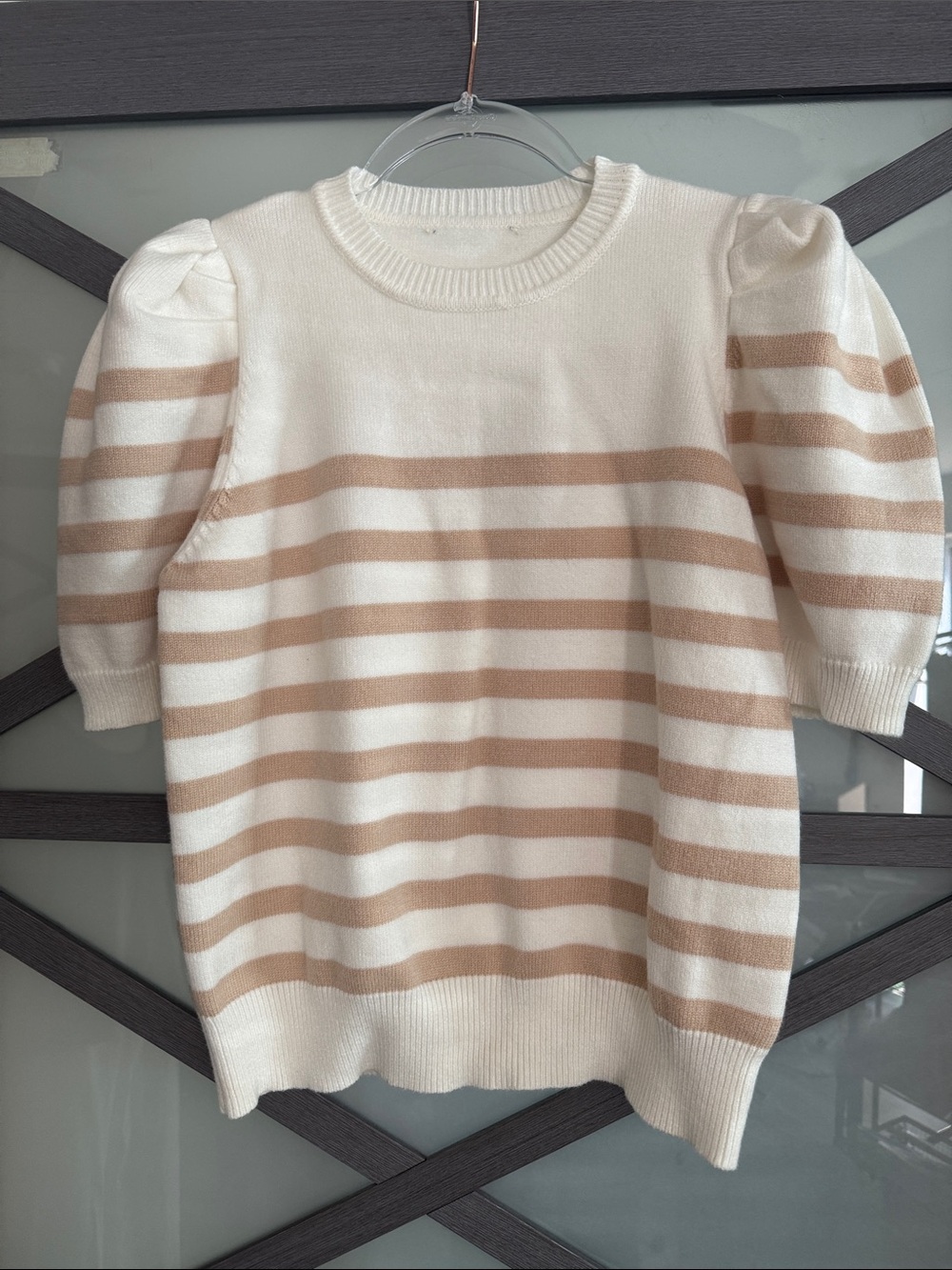 She and Sky Cream & Beige Striped Puff-Sleeve Crew Sweater